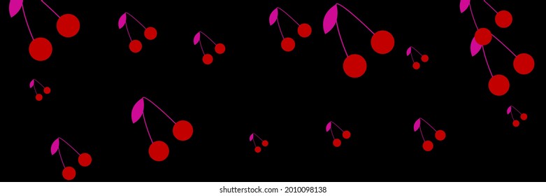 Dark Pattern Vitamin Cherries Dessert Pink Red Design Design Pic. Retro Fruit Textile Print Tasty Vintage Black Background. Summer Berries Cute Illustration Sweet Repeat Colorful Bright Ornament.