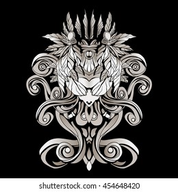 dark patterns in the style of shamans with feathers and leaves.