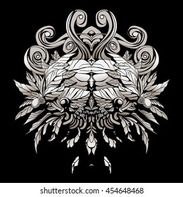 dark patterns in the style of shamans with feathers and leaves.