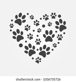 Dark paw prints in heart shape illustration - vector sign made with flat animals footprints