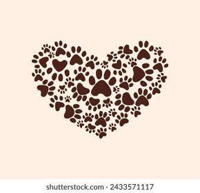 Ilustración de la pata oscura en forma de corazón. Huellas de garra de gato o perro. Símbolo de amor. Letrero vectorial hecho con huellas de animales planos. Para el día de San Valentín, el día del gato y del perro. Cartel, arte en la pared para los amantes de las mascotas.