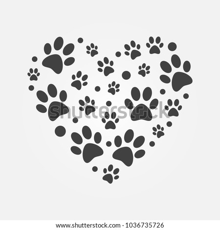 Dark paw prints in heart shape illustration - vector sign made with flat animals footprints