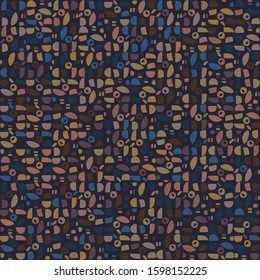 Dark pebble mosaic effect vector texture. Masculine geometric seamless melange pattern. Hand drawn variegated irregular shapes background. Textured classic blue brown hipster allover print swatch.