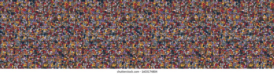 Dark pebble mosaic effect vectorbanner texture. Masculine geometric seamless border melange pattern. Hand drawn variegated irregular shapes background. Textured classic brown hipster ribbon trim.