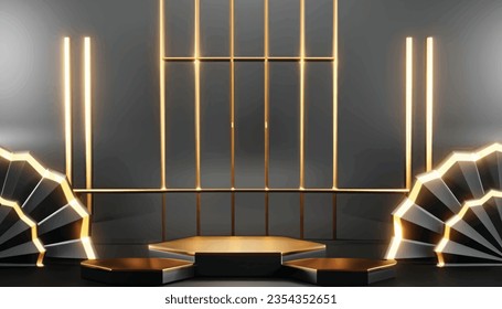 dark pedestal spotlight stage scene studio with gold ring, luxury black podium background Vector Illustration
