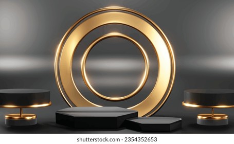 dark pedestal spotlight stage scene studio with gold ring, luxury black podium background Vector Illustration
