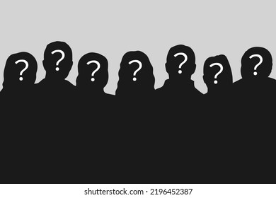 Dark people silhouettes with question marks over faces. Concept of unknown unidentified persons, anonymous activists, detecting of target group for marketing analysis