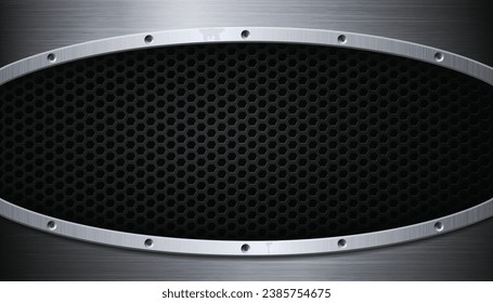 Dark perforated background with metal textured oval frame. Vector illustration.