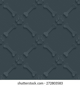 Dark perforated paper with cut out effect. Paws print and bones 3d seamless background. Vector EPS10.