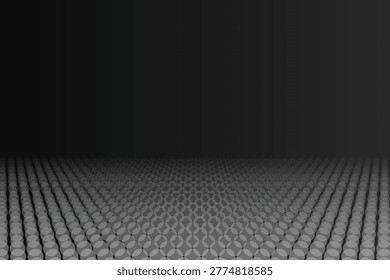 Dark perspective grid of overlapping grey circles receding into black abstract background pattern