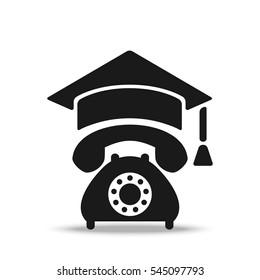 Dark phone icon with isolated blank screen. Modern simple flat telephone sign with graduation hat. Trendy vector phone symbol for website design web button, mobile app. Smartphone in education cap