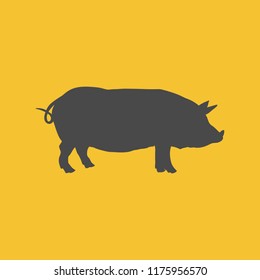 Dark pig silhouette on yellow background. Symbol of the new year 2019 of the Chinese calendar. Graphic element for greeting card on New Year. Vector illustration