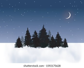 Dark pine trees in snow field and night sky background with stars and crescent moon. Traditional oriental ink painting sumi-e, u-sin, go-hua