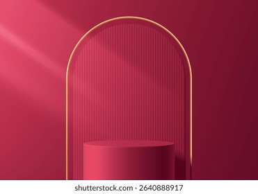 Dark pink 3D cylindrical podium with arch golden frames backdrop scene. Minimalist mockup pedestal, Abstract cosmetic stand product display presentation, Stage for showcase. Platforms vector design.
