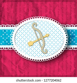 Dark pink background with bow and arrow on ribbon composition in bright style vector illustration