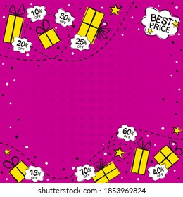 Fondo rosado oscuro con pegatinas de nube y cajas de regalo a la venta. Cupones de dibujos animados con descuentos porcentuales. Ilustración vectorial. Plantilla para la decoración de una tienda, escaparate o folletos publicitarios.