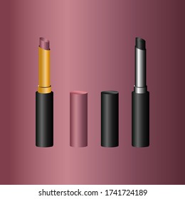 Dark pink and black colour Lipsticks in silver, gold and black packaging with opened and closed pink and black cap isolated on multicolour pink and darker pink gradient background.