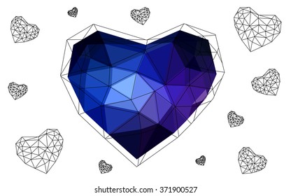 Dark Pink, blue heart isolated on white background. Geometric rumpled triangular low poly origami style gradient graphic illustration. Vector polygonal design for your business.