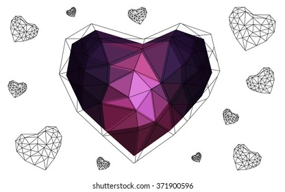Dark Pink, blue heart isolated on white background. Geometric rumpled triangular low poly origami style gradient graphic illustration. Vector polygonal design for your business.