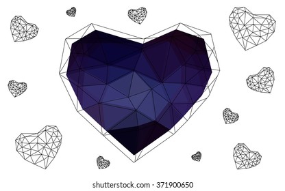 Dark Pink, blue heart isolated on white background. Geometric rumpled triangular low poly origami style gradient graphic illustration. Vector polygonal design for your business.