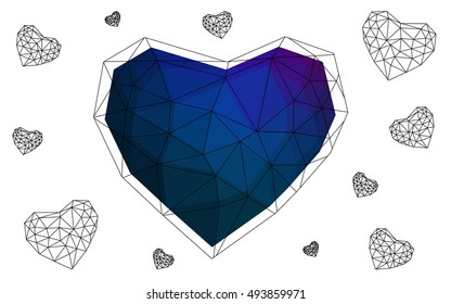 Dark Pink, blue heart isolated on white background. Geometric rumpled triangular low poly origami style gradient graphic illustration. Vector polygonal design for your business.