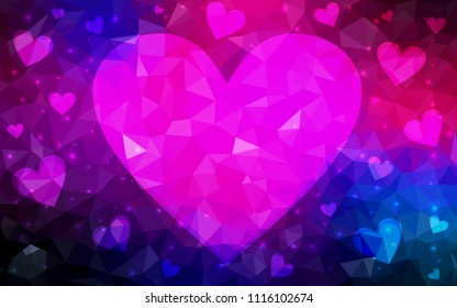 Dark Pink, Blue vector abstract Triangle Geometrical Heart on white polygonal background. Happy Valentine's Day Greeting Card. Stock template for your design.