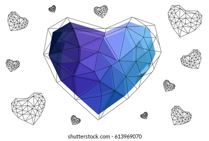Dark Pink, Blue vector abstract Triangle Geometrical Heart on white polygonal background. Happy Valentine's Day Greeting Card. Stock template for your design.