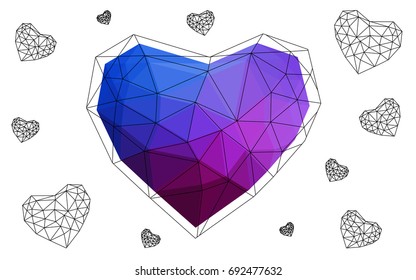 Dark Pink, Blue vector abstract Triangle Geometrical Heart on white polygonal background. Happy Valentine's Day Greeting Card. Stock template for your design.