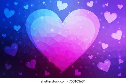 Dark Pink, Blue vector abstract Triangle Geometrical Heart on white polygonal background. Happy Valentine's Day Greeting Card. Stock template for your design.
