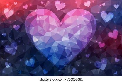 Dark Pink, Blue vector abstract Triangle Geometrical Heart on white polygonal background. Happy Valentine's Day Greeting Card. Stock template for your design.