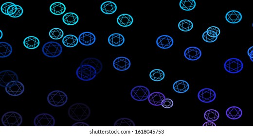 Dark Pink, Blue vector backdrop with mystery symbols. Colorful vintage illustration with gradient alchemy shapes. Simple design for occult depiction.