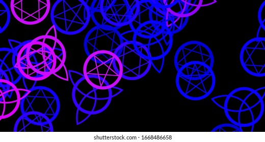 Dark Pink, Blue vector background with occult symbols. Colorful vintage illustration with gradient alchemy shapes. Simple base for your occult design.