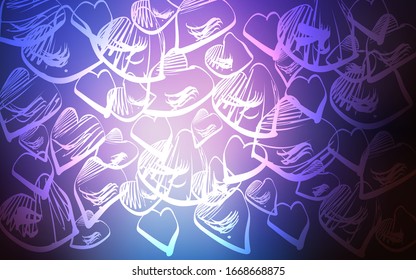 Color rosa oscuro, fondo vectorial azul con corazones. Ilustración abstracta brillante con corazones coloridos en estilo romántico. El patrón se puede utilizar para anuncios de San Valentín, folletos.