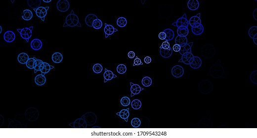Dark Pink, Blue vector background with occult symbols. Colorful vintage illustration with gradient alchemy shapes. Best design halloween events.