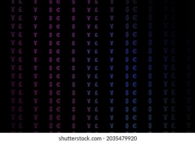 Color rosa oscuro, fondo vectorial azul con EUR, USD, GBP, JPY. Diseño desenfocado con símbolos de dólar, USD, ee.uu. Mejor diseño para tu anuncio, afiche, banner de dinero.