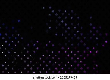 Fondo vectorial azul, rosa oscuro, con carteles de tarjetas. Esbozo abstracto brillante con símbolos aislados de cartas de juego. Patrón de folletos, volantes de casas de juego.