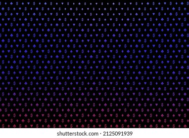 Dark pink, blue vector background with cards signs. Colored illustration with hearts, spades, clubs, diamonds. Design for ad, poster, banner of gambling websites.