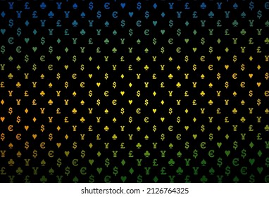 Dark pink, blue vector background with cards signs. Illustration with set of hearts, spades, clubs, diamonds. Design for ad, poster, banner of gambling websites.