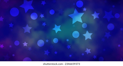 Rosa oscuro, fondo vectorial azul con círculos, estrellas. Ilustración abstracta brillante con gotas coloridas, estrellas. Patrón para el diseño de tela, papel pintado.