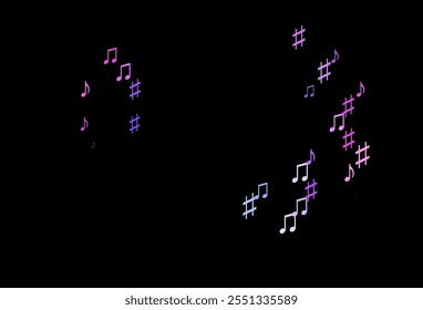 Rosa oscuro, fondo de Vector azul con símbolos de música. Teclas de música coloridas aisladas sobre fondo abstracto. Plantilla para revistas de moda.