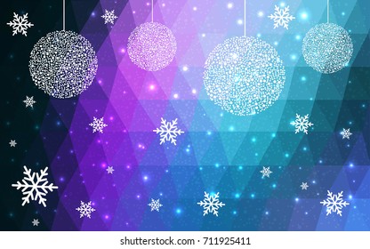 Dark Pink Blue vector christmas polygon background. Low poly Illustration consisting of triangles with snowflakes. Texture, seamless background of New Year celebration.