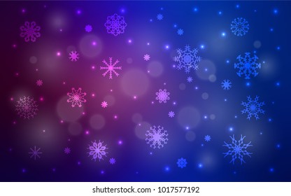 Dark Pink, Blue vector cover with beautiful snowflakes. Snow on blurred abstract background with gradient. New year design for your ad, poster, banner.