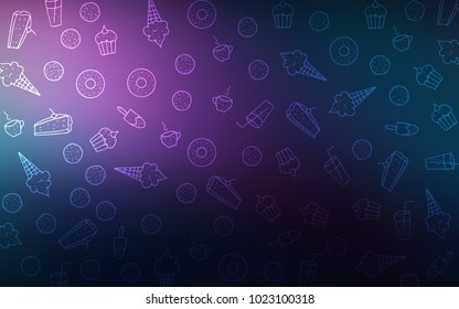 Dark Pink, Blue vector cover with set of confections. Confections on blurred abstract background with colorful gradient. Doodle design for your business advert of cafes.