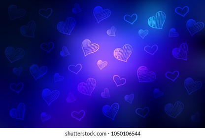 Dark Pink, Blue vector cover with Shining hearts. Hearts on blurred abstract background with colorful gradient. Design for ad, poster, banner of Valentine Day.