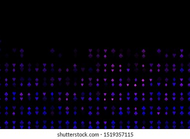 Dark Pink, Blue vector cover with symbols of gamble. Colored illustration with hearts, spades, clubs, diamonds. Template for business cards of casinos.