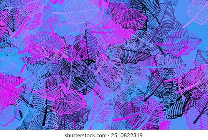 Plantilla doodle de Vector azul, rosa oscuro con hojas. Garabatos incompletos con hojas sobre fondo borroso. Nuevo diseño para su negocio.
