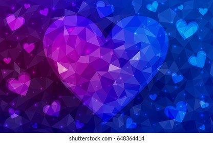 Dark Pink, Blue vector greeting Card Happy Valentine's Day. Lettering with hearts on the white polygonal background. Colored triangular illustration for your business.