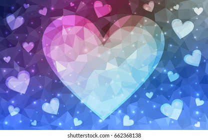 Dark Pink, Blue vector greeting Card Happy Valentine's Day. Lettering with hearts on the white polygonal background. Colored triangular illustration for your business.