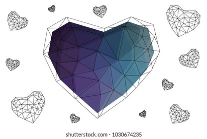 Dark Pink, Blue vector love background with heart. Paper note. Valentine's greeting polygonal card. Triangular illustration for your business. Stock template for your design.