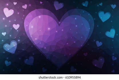 Dark Pink, Blue vector love background with heart. Paper note. Valentine's greeting polygonal card. Triangular illustration for your business. Stock template for your design.